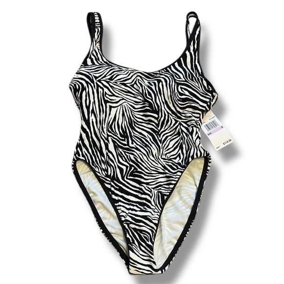 Michael Kors One Piece Swimsuit High Cut Zebra Print Black & White Size 6 New - Picture 2 of 5